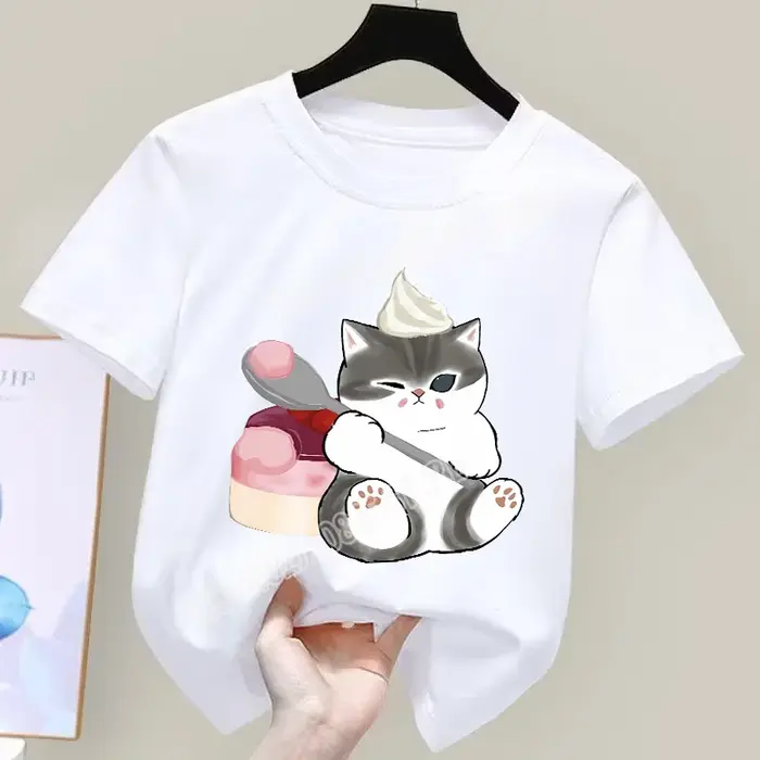 Mofusand T-Shirt Kawaii dessin animé imprimé vêtements Sport décontracté hauts basiques garçons filles coton absorbant blanc manches courtes enfants cadeau