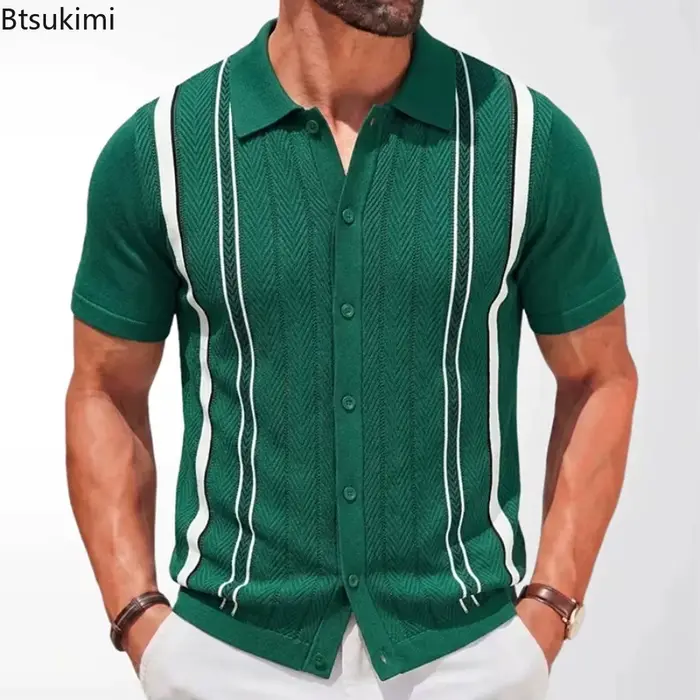 Chemises polo en tricot rayées rétro pour hommes