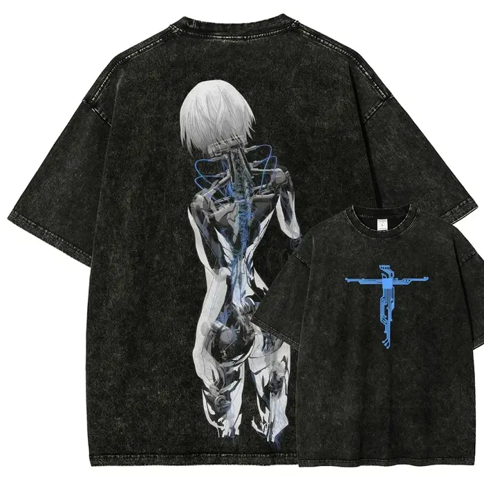 T-shirt imprimé graphique style punk classique Ghost in the Shell pour hommes et femmes, coton délav