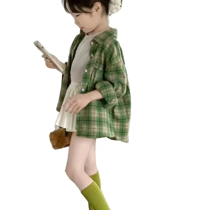 Chemise à carreaux vert Cardigan haut manches longues Grils enfants printemps automne à la mode décontracté doux confortable