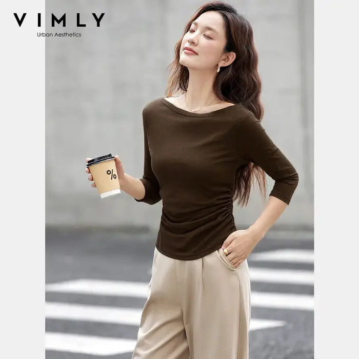 VIMLY Hauts Femme Printemps Automne 2026 Col Bateau Manches Longues T-shirts Décontractés Tricotés Coupe Ajustée Extensibles pour Femmes A3039
