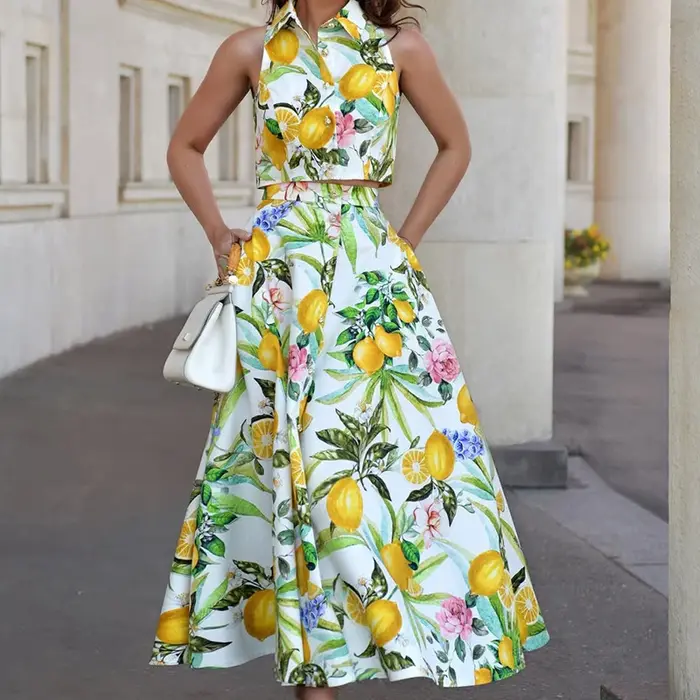 Ensemble 2 pièces élégant : Chemise sans manches à revers et boutons & Jupe longue taille haute imprimée avec poches – Tenue décontractée et tendance