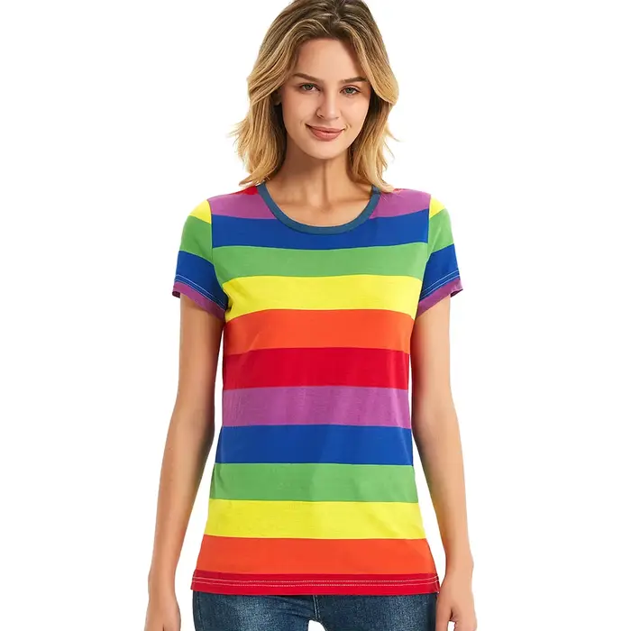 T-Shirt arc-en-ciel à rayures pour femme hauts haut à manches courtes