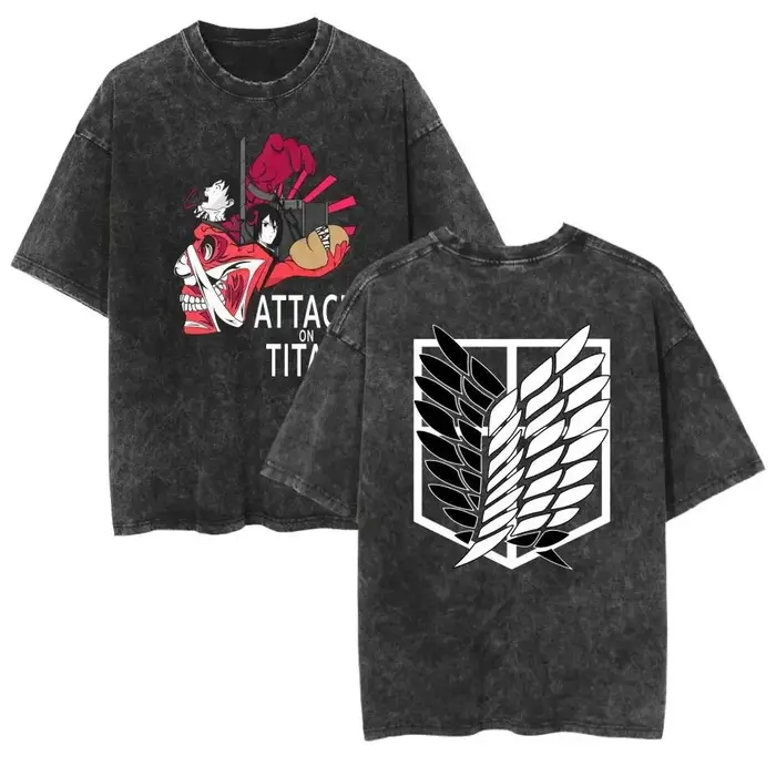 Nouveau T-shirt Oversize Vintage Lavé Homme et Femme 2026 – Motif L'Attaque des Titans – Streetwear Décontracté Y2K – Collection Été 2026