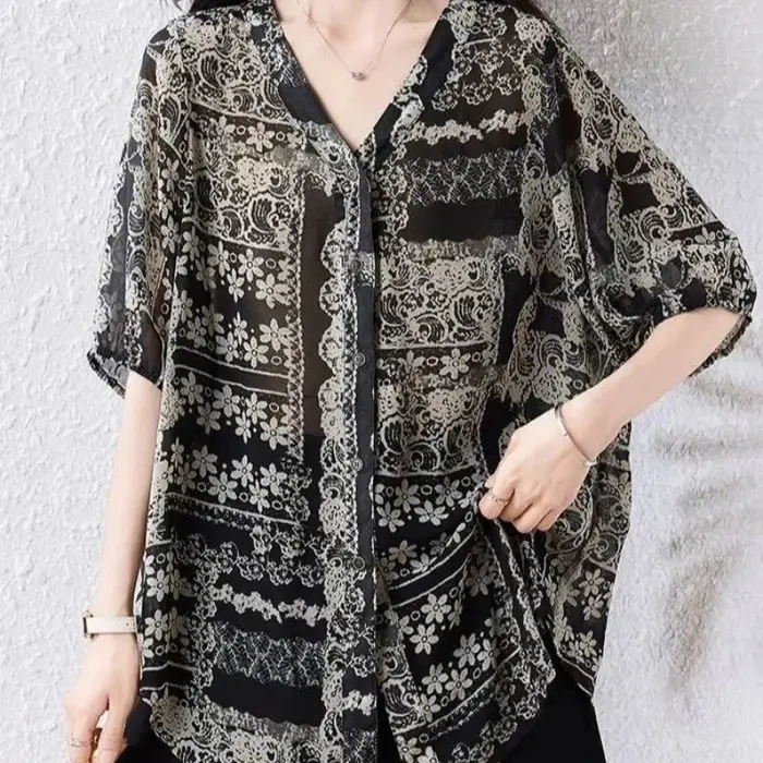 Chemisier imprimé à col en V et manches chauve-souris pour femme, coupe ample, style bohème, décontr