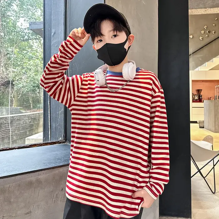 T-shirt à manches longues pour enfants, décontracté, rayé rouge et blanc, à la mode, en coton, tenue