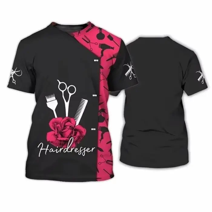 Barbier coiffeur modèle T-Shirt pour femmes Salon esthéticienne 3D imprimé t-shirts été hauts amples manches courtes