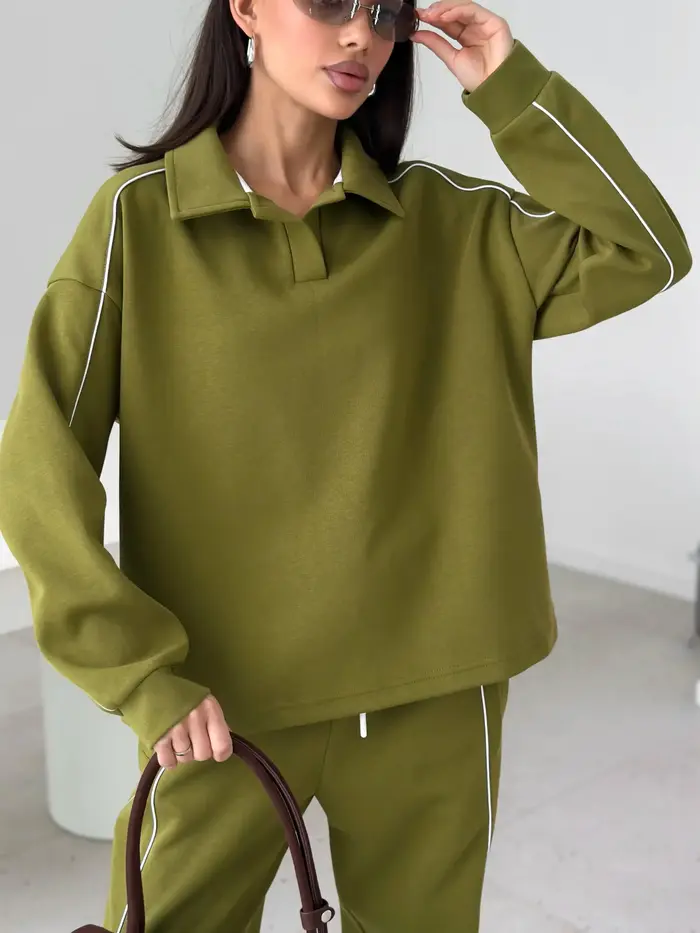 Ensemble de survêtement 2 pièces pour femme automne 2026 : haut polo à manches longues et pantalon large avec bande latérale – Tenue décontractée et sportive