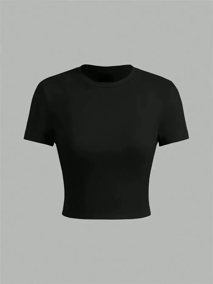 Couleur unie basique recadrée t-shirts pour femmes décontracté col rond à manches courtes haut court été coupe ajustée t-shirt Streetwear 2025