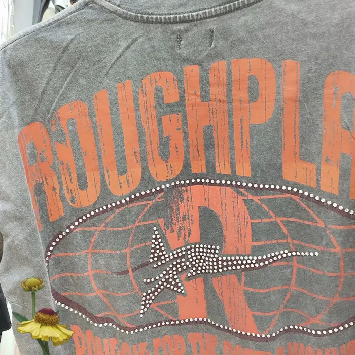 T-shirt Homme Américain Rétro Délavé à Paillettes et Clous Effet Vieilli et Troué