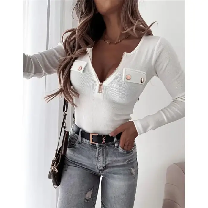T-shirt manches longues col en V pour femme
