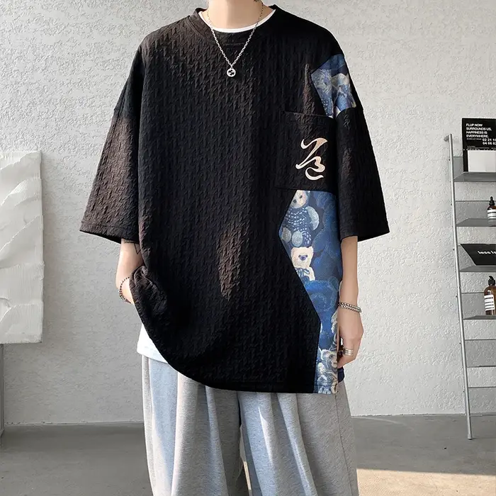 T-shirt manches mi-longues homme, estival et à la mode, avec patchwork d'abonnés au document, Haraju