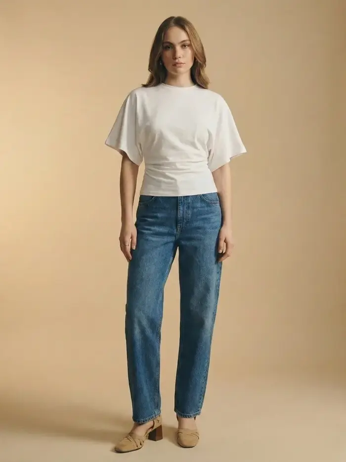 T-shirt court plissé à manches évasées pour femme