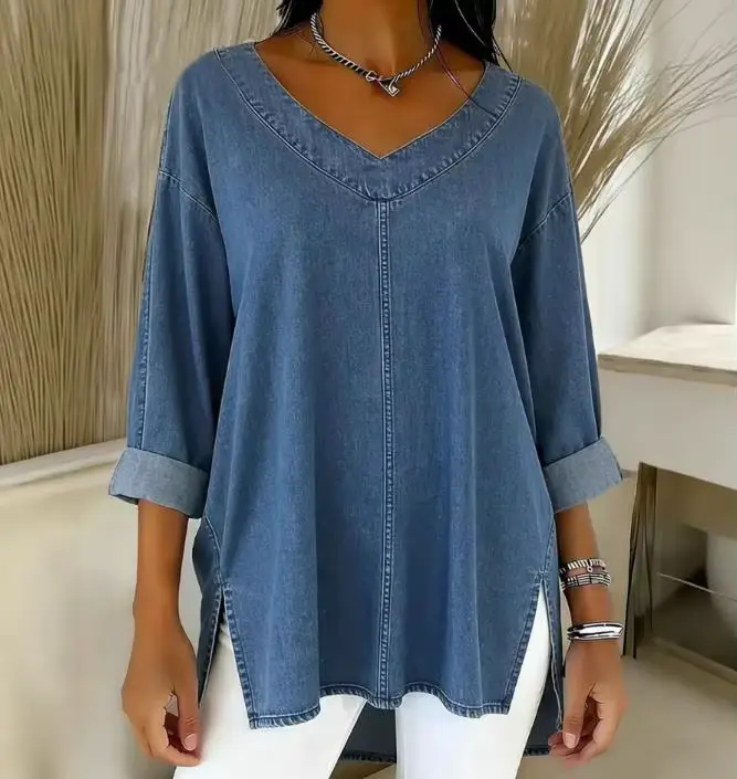 T-shirt pour femme, nouvelle collection printemps, tendance, couleur unie, col en V simple, tissu en