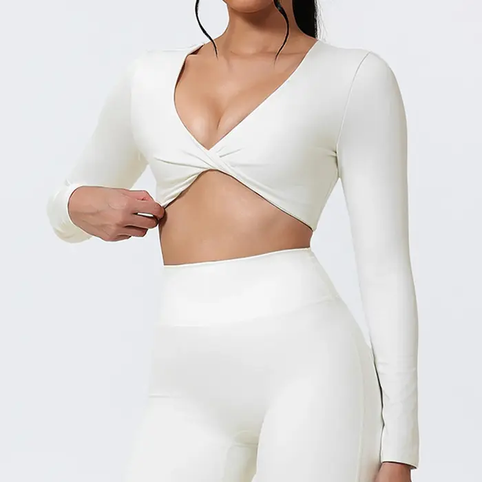T-Shirt de Fitness à manches longues et col en v profond pour femmes