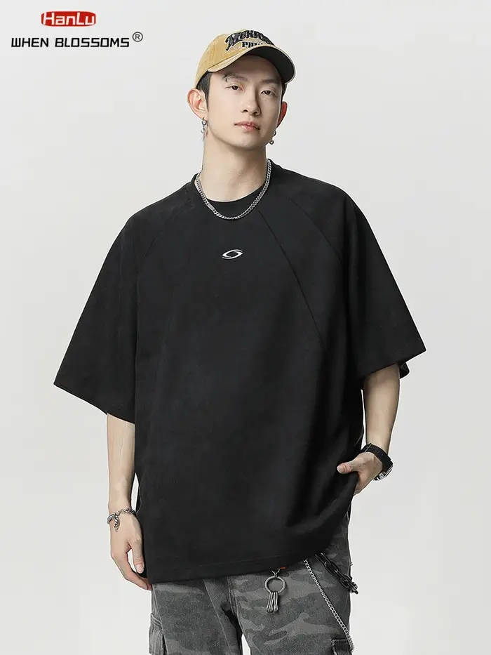 HANLU nouvel été hommes daim T-shirt broderie Vintage Hip Hop surdimensionné