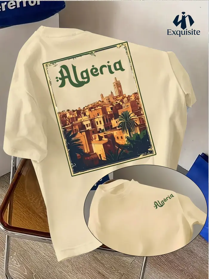 T-shirt d'été pour homme de style maghrébin avec le logo « Algérie » sur un haut à col rond respirant, anti-humidité et ample