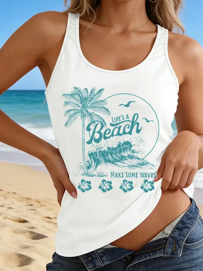 T-shirt décontracté sans manches pour femme « Life's A Beach Make Some Waves »