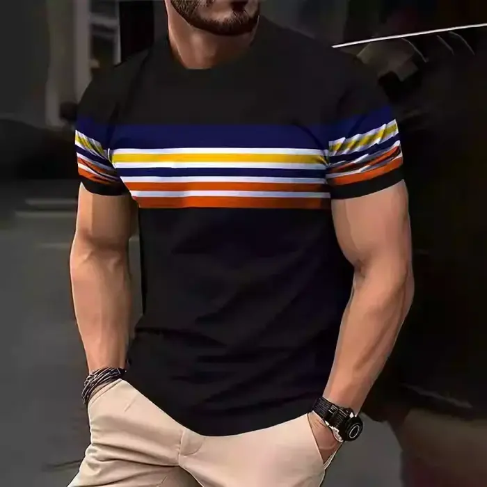 Rayures colorées motif T-Shirt pour hommes mode bloc de couleur 3D imprimé t-shirts été respirant haut col en o