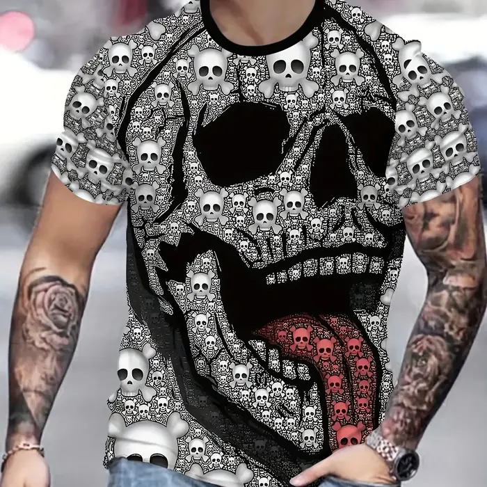 T-shirt pour homme à imprimé crâne 3D, col rond, manches courtes, style gothique sombre, tee-shirt g