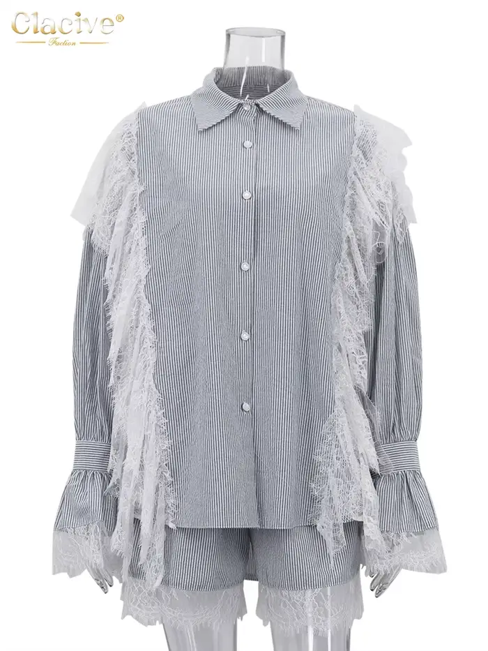 Clacive mode ample gris rayure dentelle épissé femmes deux pièces ensemble élégant à manches longues