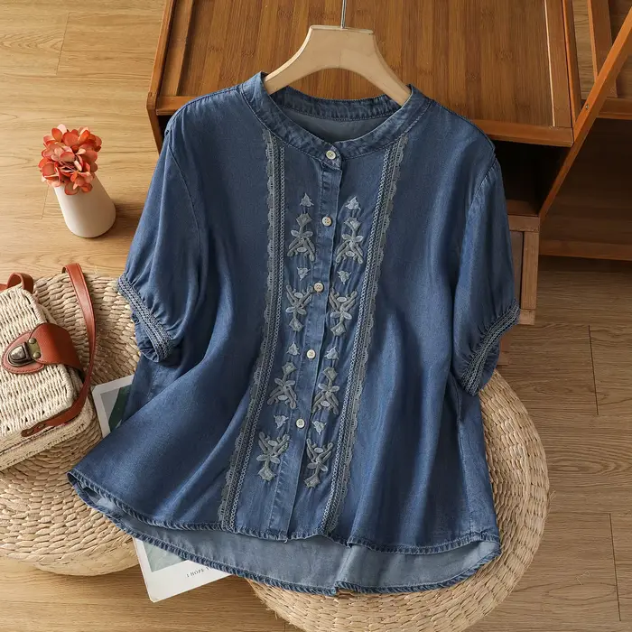 Chemisier en jean brodé pour femme, nouvelle mode estivale, style littéraire rétro, coupe fine, drap
