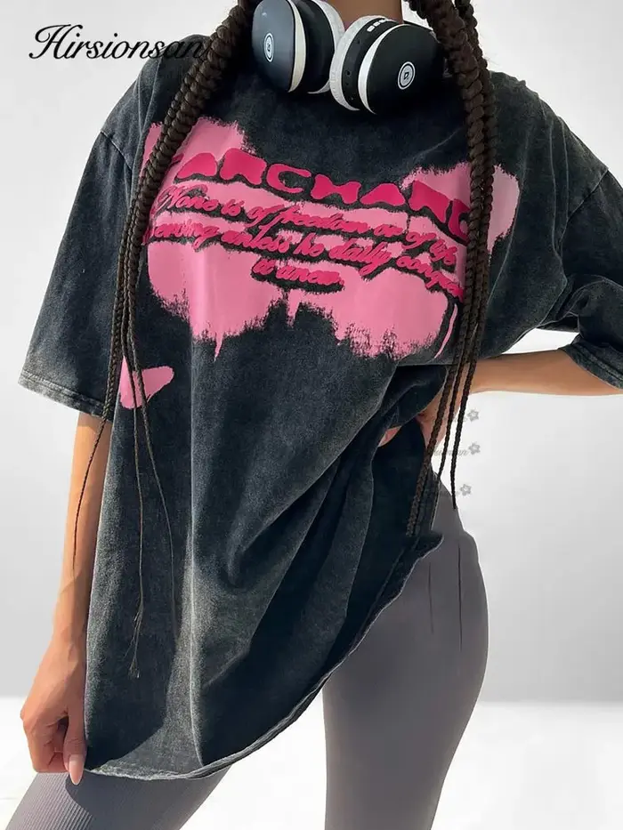 Hirsionsan-T-shirt Délavé à l'Acide pour Femme, Streetwear Imprimé Vintage, Marque de Luxe, Y2k