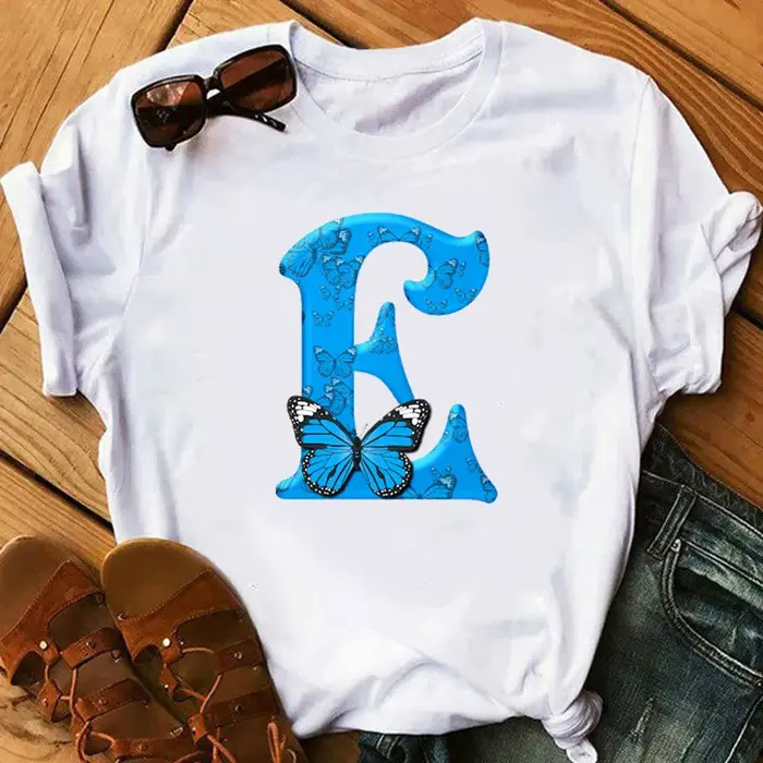 26 lettres anglaises papillon imprimé T-shirt à manches courtes femmes surdimensionné