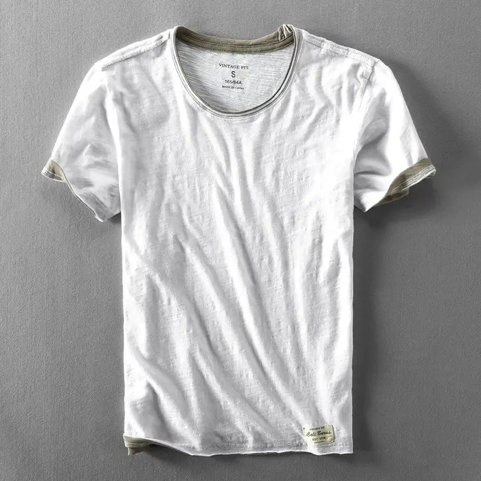 Faux deux T-shirts pour hommes rétro mode été coton couleur unie à manches courtes hauts mâle décontracté Simple mince blanc t-shirt vêtements