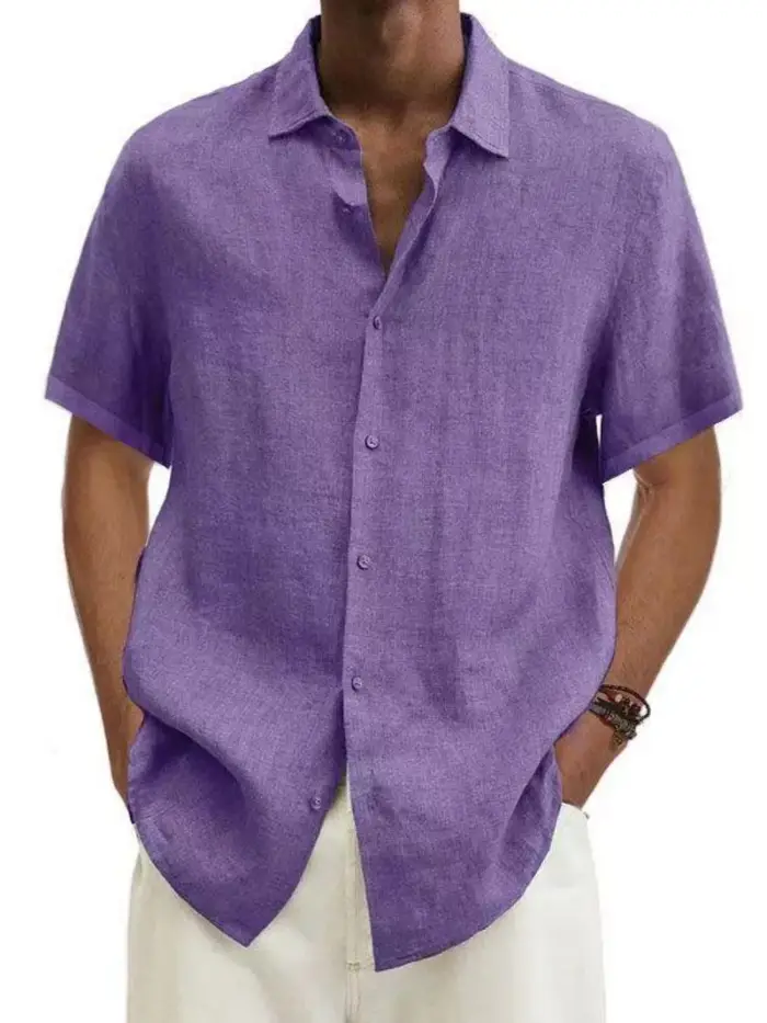 Chemise à manches courtes pour homme en mélange de lin, col boutonné décontracté, légère et respiran