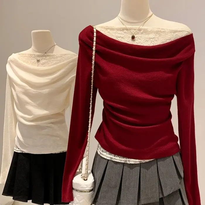 Dentelle rouge un cou épaules dénudées T-Shirts à manches longues femmes