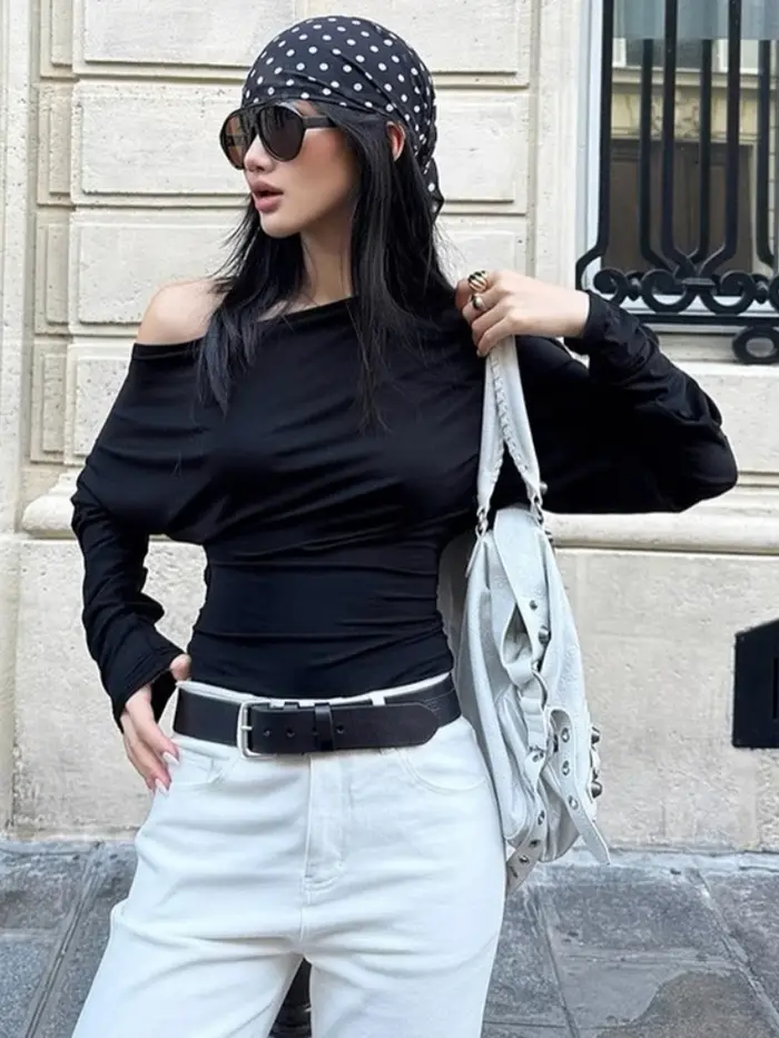 Batwing t-shirt col incliné t-shirts pour femmes Streetwear à manches longues Y2k haut solide vêtements féministe Ropa Mujer Camisetas