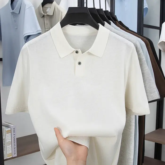 Polo en tricot de lin respirant de haute qualité 2026 – Hauts simples en maille unie pour hommes – Chemises pull en lyocell à manches courtes pour l'été