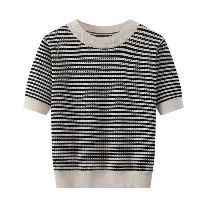 T-shirt Pour Femmes Tricoté Évider Mince Rayé