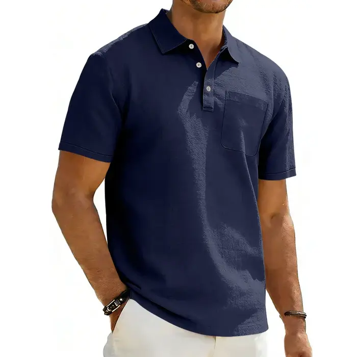 Polo à revers pour homme, T-shirt décontracté d'été en lin à manches courtes avec poche, haut ample 