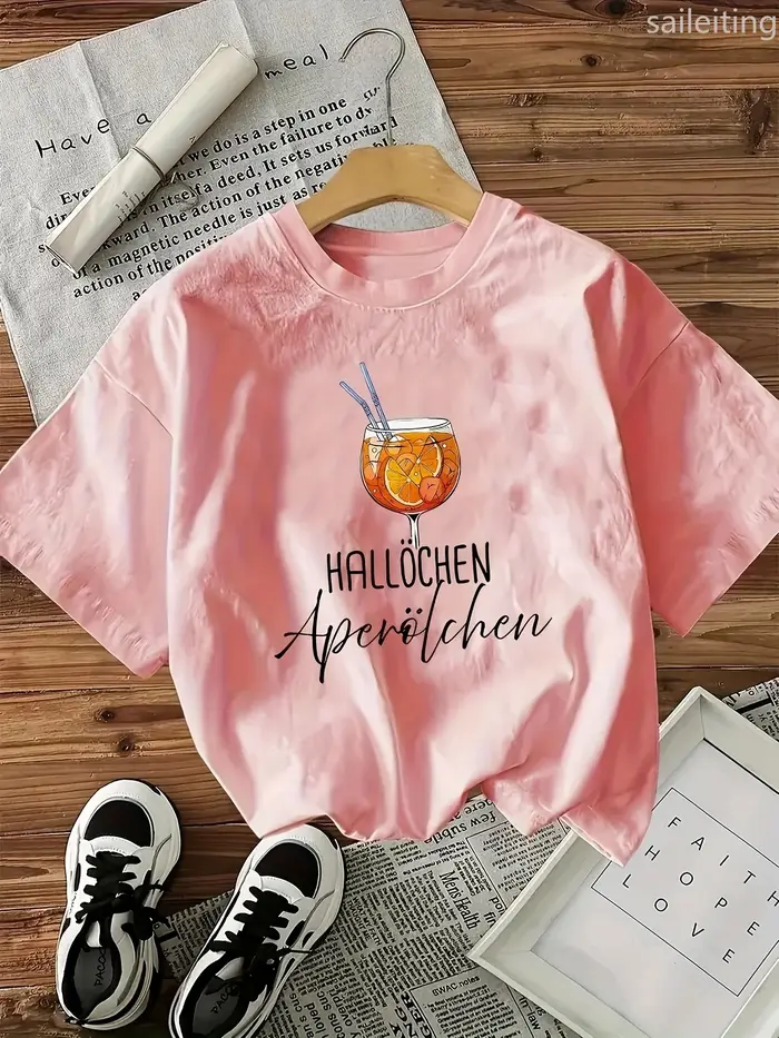 T-shirt à manches pour femmes avec imprimé graphique orange « HALLOCHEN Aperol Spritz » blanc
