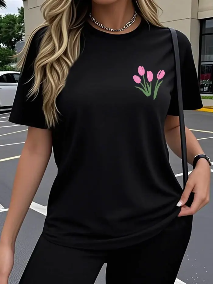 T-shirt décontracté à manches courtes pour femme 2026 – Motif tulipe créatif et amusant