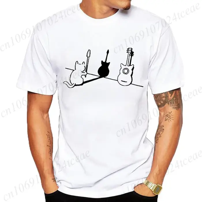 T-shirt pour femmes hommes chat et guitare Design drôle hauts doux unisexe col rond T-shirts vêtements
