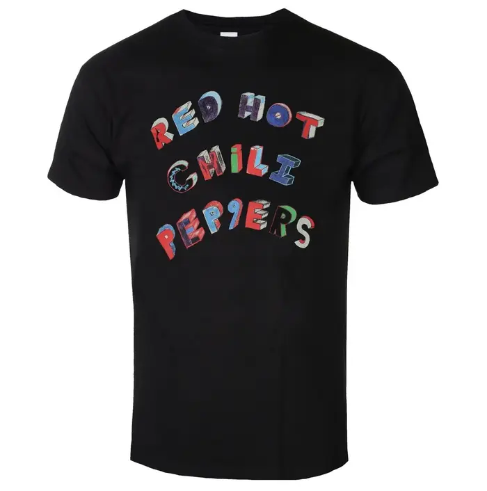 T-shirt graphique du groupe Red Hot Chili Peppers avec lettres rouges circulaires vieillies et étoile à huit branches blanche rayée