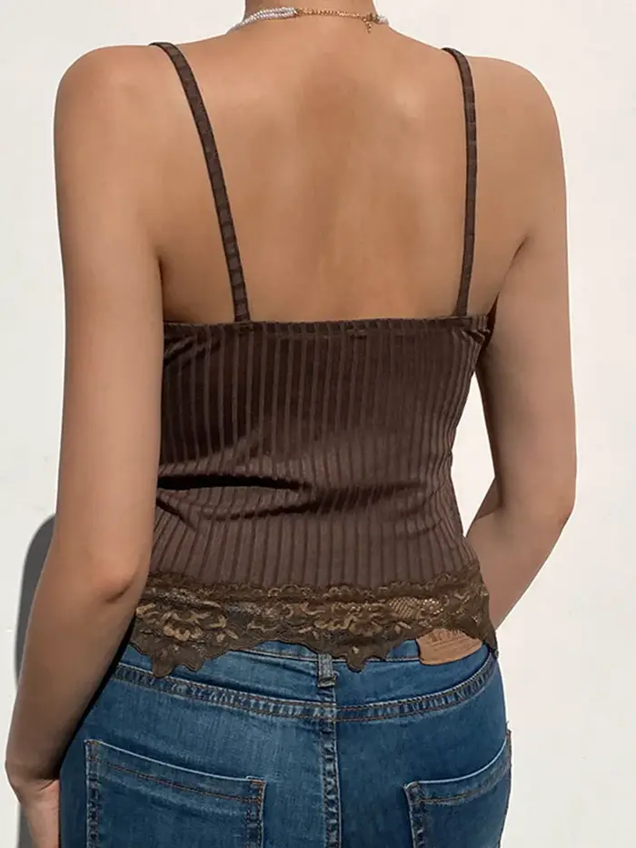 Goth – débardeur en dentelle pour femmes, esthétique, Patchwork, Sexy, col en v, marron, rétro, haut