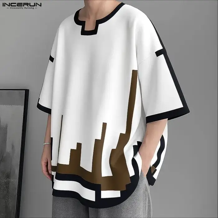INCERUN hommes t-shirt à manches courtes impression lâche Style coréen mâle