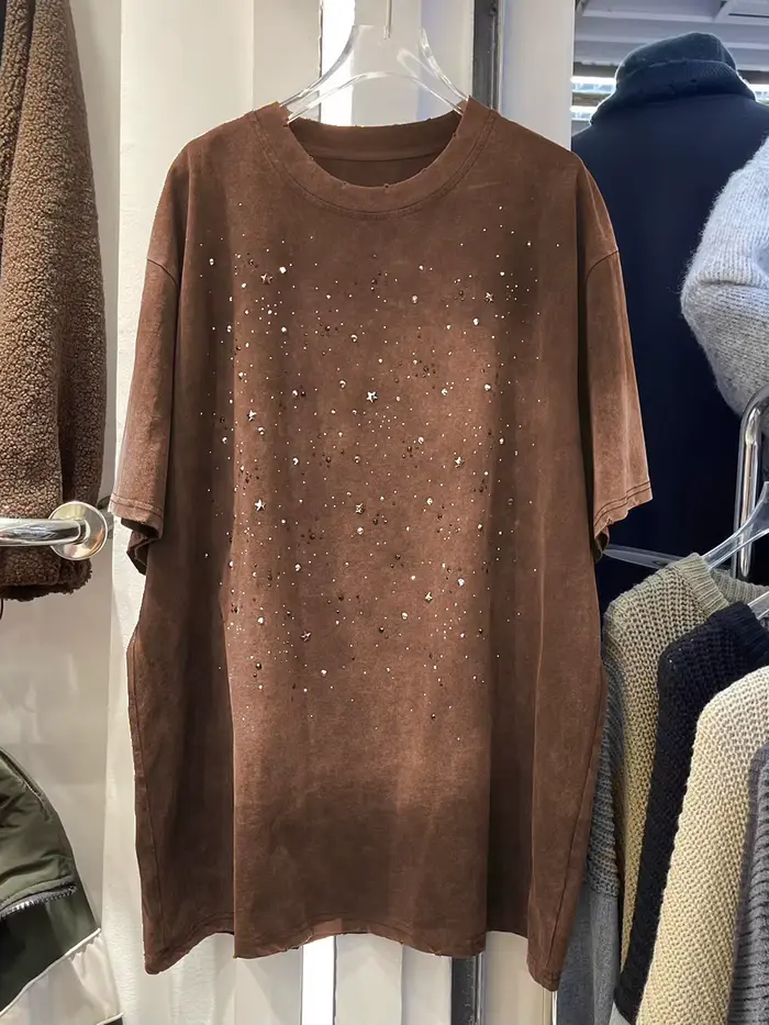 Rétro lavé strass T-shirt été femmes col rond manches courtes surdimensionné t-shirts femme mode hauts amples