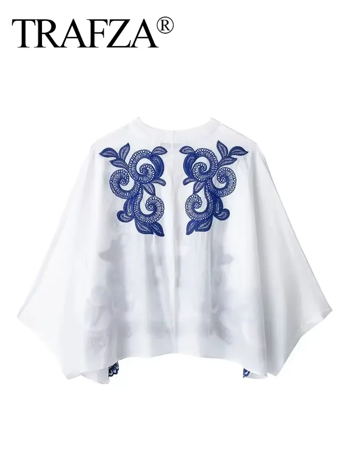 HH 2024 femmes mode bleu broderie florale Blouse décontracté ample col en V simple boutonnage chemise femme Chic haut Y2K