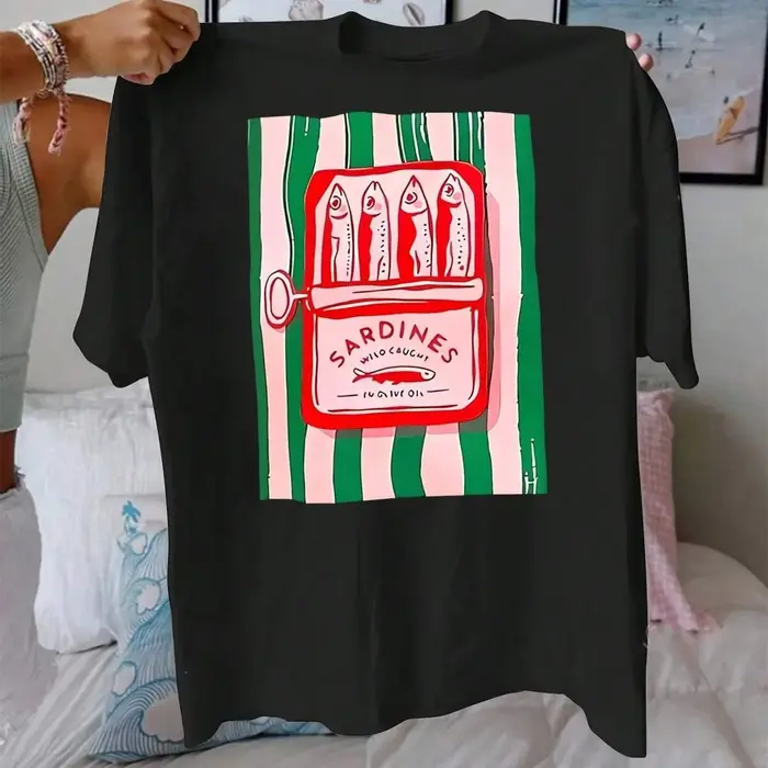 T-Shirt d'été en coton imprimé sardine pour femmes
