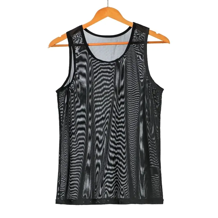 Hommes sans manches maille pure réservoir vêtements d'extérieur gilet d'entraînement résille évider voir à travers le maillot de corps