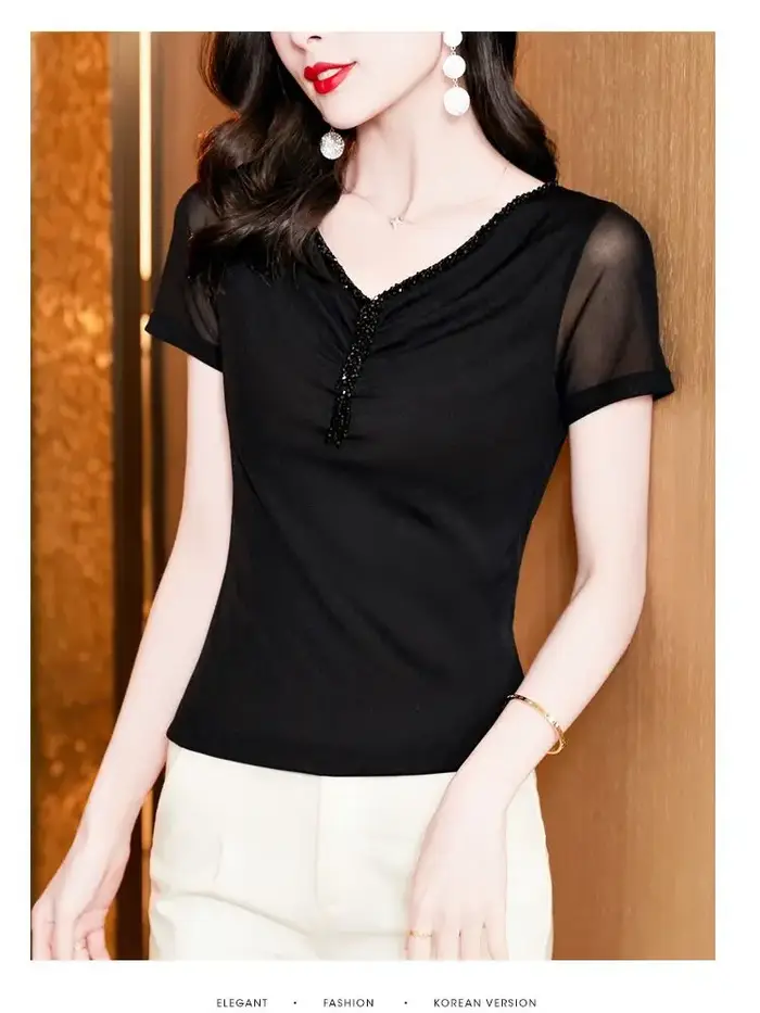T-shirt manches courtes col en v pour femme