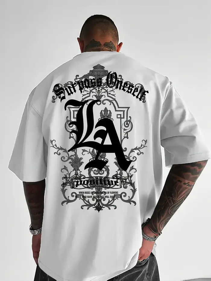 T-Shirt surdimensionné pour hommes 100 coton, col rond respirant à manches courtes avec motif de gri