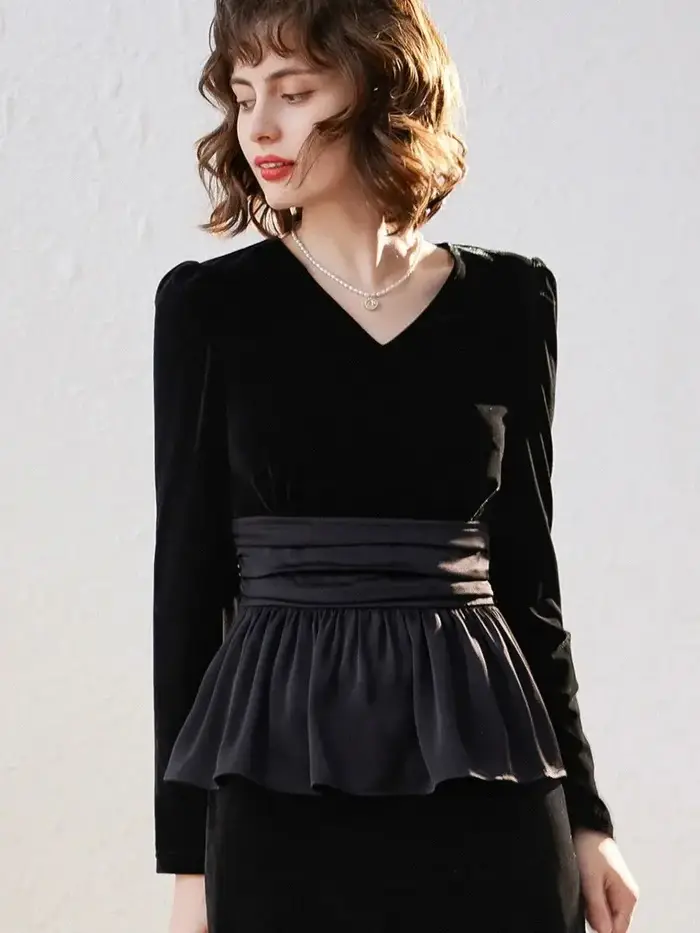 Modiis Yao-Haut en velours vintage pour femme, col en V, chemise à manches longues, conception d'ourlet épissé, automne, 2023