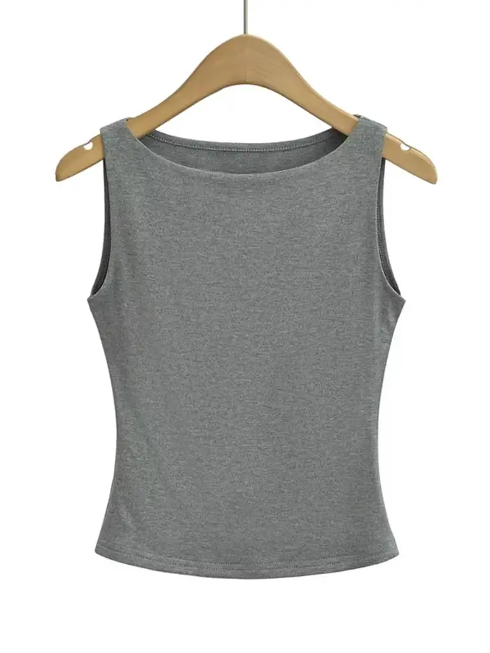 Débardeur moulant doux à col bateau double couche pour femme