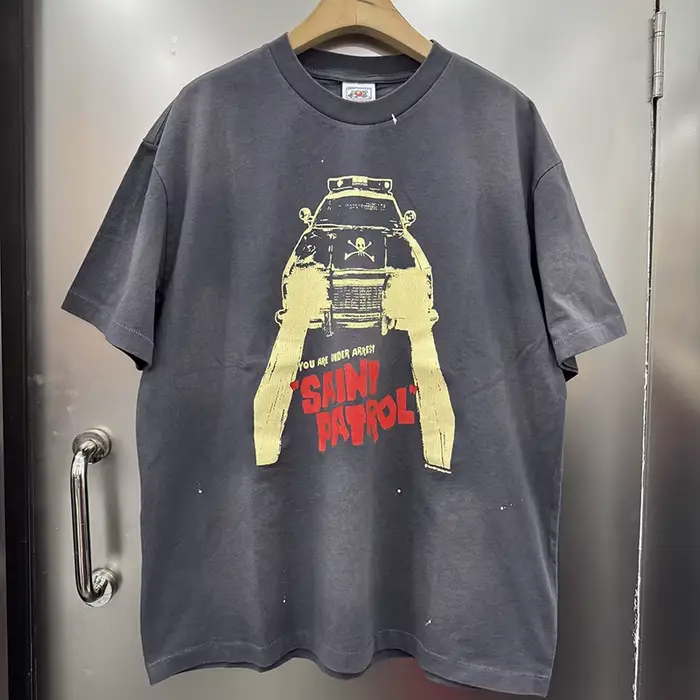 SAINT PATOROL T-shirt vintage à col rond surdimensionné avec logo crânes imprimé voiture